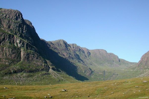 Looking up towards the summit of Bealach na Ba
The famous Applecross road can be seen on the right hand side of the picture as it climbs to the 2053ft summit.  The road was built between 1825 and 1826 by a Mr MacKenzie of Applecross, entirely at his own expense.   He was a roads contractor and was involved in the construction of many of the 'parliamentary' roads in the area at the time.
