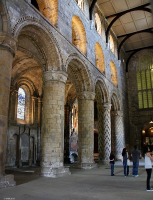 Looking East in the Nave, Dunfermline Abbey
The 12th century Nave at Dunfermline Abbey, the wall with the large window on the right hand side is the entrance to the 'modern' church built in 1821.
