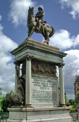 Lord Roberts Memorial, Kelvingrove Park
Paid for by subscription by the people of Glasgow in 1916 this impressive statue stands at the top of Kelvingrove Park looking west towards the University.  Field Marshal Roberts (1832-1914) was the man who on several occassions 'saved the Empire' or in other words subdued uprisings, notably the Indian uprising during which he was awarded the Victorian Cross when aged only 26. [url=http://www.streetmap.co.uk/streetmap.dll?G2M?X=257347&Y=666472&A=Y&Z=1/]Map location.[/url]
