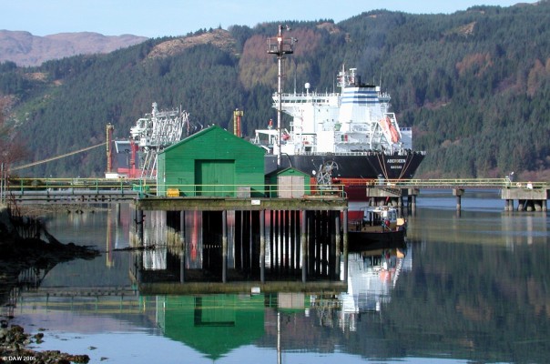 MV Aberdeen off loading her Cargo at Finnart Oil Terminal, Loch Long
MV Aberdeen, built in Bilbau Spain in 1996, displacing some 47,000 tons and with a length of 221 metres.  The Oil Terminal at Finnart has been there so long that it no longer spoils the magnificant scenery of Loch Long, the oil storage tanks are now all hidden by mature conifers and its only when a tanker visits that you are reminded its there.
