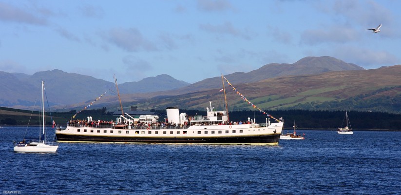 M.V. Balmoral, river Clyde, 2008
Balmoral was built in 1949 in Southhampton for the red funnel line fleet.  After retiring in 1980 she was used in an attempt as a floating restuarant in Dundee but was rescued from this fate by the friends and supporters of the Waverley who restored her to full operation in 1986.  Today she is a familiar site on the Clyde and other rivers around the UK, on this day in 2008 she was sailing to meet the QE2 on her last visit to the Clyde.
