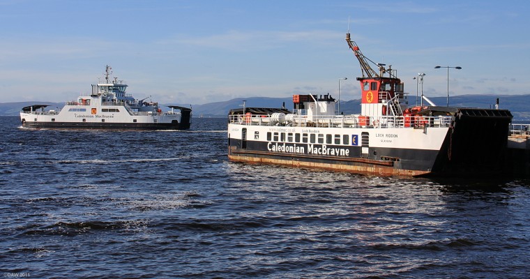 MV Loch Shira passes MV Loch Riddon at Largs Pier
Taken in 2009 not long after the new extended pier at Largs was re-opened.  Loch shira is the large new ferry that resulted in the pier reconstruction.  She can carry up to 250 passengers and 24 cars compared to Loch Riddon's 200 passengers and 12 cars.  Loch Riddon entered service in 1986 and Loch Shira entered service in 2007.
