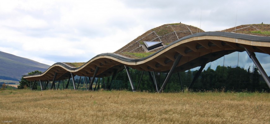 The new Macallan Distillery near Craigellachie
Built in 2018 at a cost of 140 million pounds.  in 2019 it was short listed for the Stirling Prize for excellence in architecture.  The reflections in this view make it appear you are seeing through the structure to the other side.
