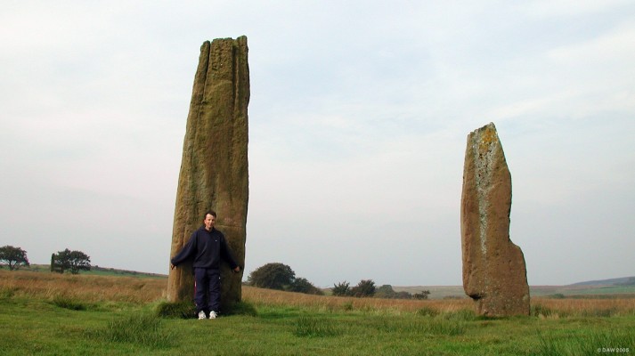 Machrie Moor Standing Stones, Arran
These are two of the stones from group 2 which is a cluster of three large stones.  The dominate the landscape of the Moor.  A distant stone of equal size can be seen amongst the trees on the left.
