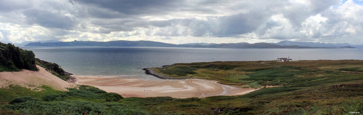 Maellabhann, near Applecross
Just a short drive round the head land from Applecross is this sandy beach, the sand dune on the left must be at least 50ft high.  Stretching the width of the picture is the Island of Raasay and behind that is the Island of Skye.  The building you see on the left the range control building for BUTEC (The British Underwater Test and Evaluation Centre.  The Royal navy uses the Sound of Raasay for testing how quiet its submarines are. 
