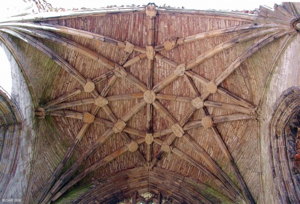 The Presbytery roof at Melrose Abbey
Looking up at part of part of the Presbytery roof that remains intact at Melrose Abbey.  [url=http://www.streetmap.co.uk/map.srf?X=355120&Y=634117&A=Y&Z=120/] Map location. [/url]
