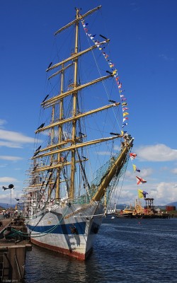 The Russian Sailing Ship, Mir, Tall Ships Race 2011, Greenock
The Mir, meaning World or Peace, was built at Gdansk in Poland in 1987.  She is one of the fastest saling ships in the world displacing some 2400 tons.  She can carry a crew of up to 199 and is seen here in July 2011 during a stop over at Greenock in the Tall Ships race of that year.
