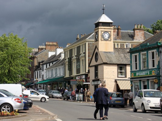 Moffat Town Centre, Dumfries & Galloway
A view up the main street in Moffat.  The building with the clock was the former Jail.
