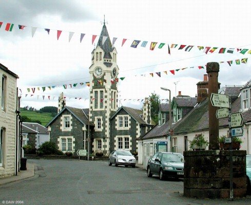 Tower House and Mercat Cross, Moniaive
Moniaive is an attractive little village north of Dumfries surrounded by idilic countryside.  Its so quiet here that the ticking of the clock in the tower almost seems like an intrusion.  For a long time I thought this was the town Hall but in fact its a private house built by someone who's ego must have matched his bank balance.
