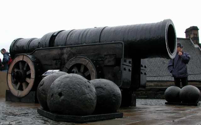 Mons Meg, Edinburgh Castle
Built in Mons in Belguim, it was present to King James II in 1457.  It can fire a projectile weighing  330lbs/150kg a distance of 2 miles.  Enough to spoil anyones day.

