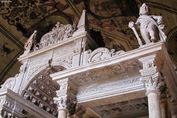 Carved memorial inside Skelmorlie Aisle, Largs
The most impressive part of Skermlorlie Aisle in Largs is the 8ft high stone carved tomb Sir Robert Montomery, the 7th Baron of Skelmorlie, erected after the death of his wife.  Both he and his wife are buried below it.
