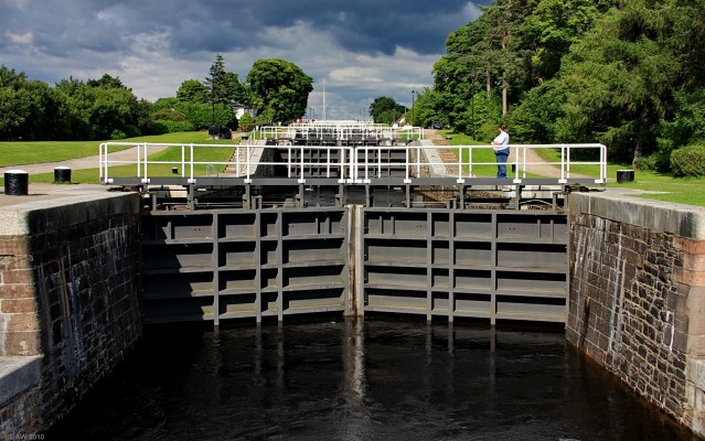 Neptune's staircase, Caledonian Canal
This is the point where the Caledonian Canal comes back down to sea level on the west coast.   The series of 8 locks lifts boats 19.5m (64ft).  This is the longest staircase lock in the UK and it takes about 90 minutes for a boat to travel through the system.  [url=http://www.streetmap.co.uk/map.srf?X=211232&Y=776847&A=Y&Z=115/] Map location. [/url]
