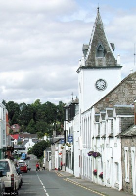 New Galloway main street with the town hall on the right
