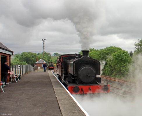 NCB No 10 at Dunaskin Station
A steam day at the Doon Valley Railway.  There is only one station so you the locomotive and brake van reverses and returns on the same track.  [url=http://streetmap.co.uk/map.srf?X=244227&Y=608248&A=Y&Z=115/] Map location. [/url]
