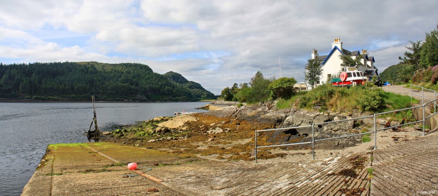 North Strome, Loch Carron
North Strome is where the ferry used to cross the narrowest part of loch Carron when the first road was built on the north side of the Loch in 1809.  The ferry operated at this jetty until 1970 when the stromeferry by-pass was built in 1970 (A890) but in recent years this road has suffered from closures due to rock falls and varies new routes are being looked at, including a bridge across the narrows here. [url=http://streetmap.co.uk/map.srf?X=186349&Y=835363&A=Y&Z=115/] Map location. [/url]
