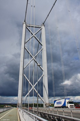 The North Tower, Forth Road Bridge
Built in 1964 the Forth Road bridge was at that time the longest suspension bridge outside the USA.  It spans some 2.5km and the tower you see here is 156m (512ft) in height.  This photo was taken in 2016 when it was still the main crossing.  From September 2017 the bridge was closed to all traffic except buses and taxis.  It also remains the only way for pedestrians to walk across.
