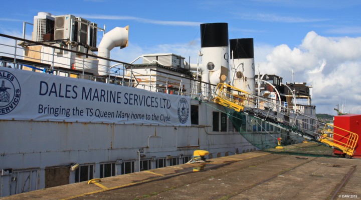 Queen Mary, not ready for boarding..... yet
[url=https://tsqueenmary.org.uk/]The Queen Mary [/url] at Garvel docks in 2016.  Since this photo was taken much work has been done to the vessel and she is now berthed at the Science Centre in Glasgow but not yet open to the public.  The Queen Mary I remember in the 1970's had just one large yellow funnel in the centre so was easily distinguished from the other two large Clyde steamers with 2 funnels, The Dutchess of Hamilton and PS Waverly,
