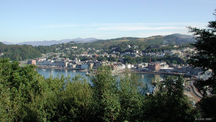 View of Oban town from Pulpit Hill
The railway station and main ferry terminal are on the right, the folly can be seen on the hillside above.
