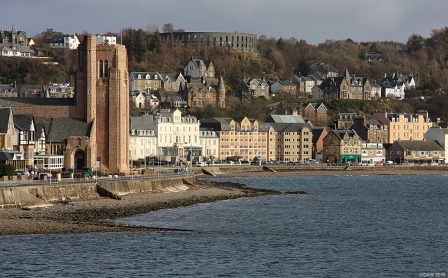 Oban esplanade
St Columbas Cathedral and McCaigs Tower.  [url=http://www.streetmap.co.uk/map.srf?X=185097&Y=730730&A=Y&Z=120/] Map location. [/url]
