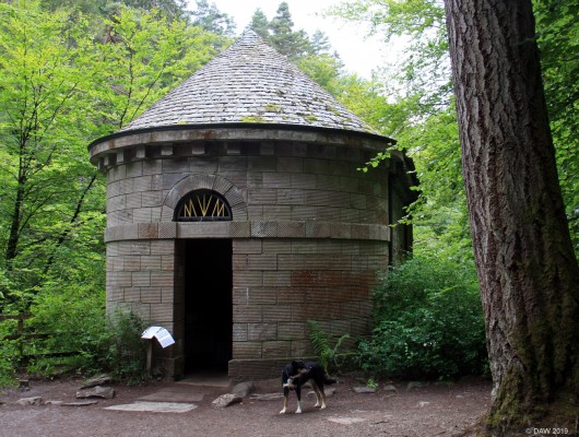 Ossians Hall, Dunkeld
Originally built as a viewing room at the Black Linn falls by the 2nd Duke of Atholl in 1757.   In 1783 it was redecorated as a shrine to the blind Bard "Ossian".  The interior was covered in mirrors reflecting view of the falls outside. In 1869 it was blown up and abandoned until the land was donated to the national trust who restored it to what you see today.
