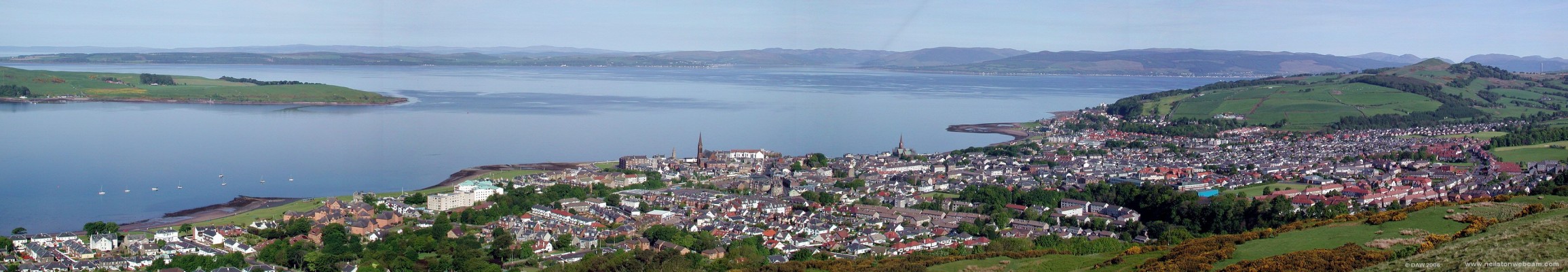 Over looking Largs from Castle Hill
A birds eye view of Largs, once a favourite place for holiday makers from Glasgow but now gets the name of God's waiting room.  Most of the large Hotels have been demolished for flats or converted into care homes.  32% of its population of 11,500 are over 60, the average for the rest of Ayrshire is 22%
