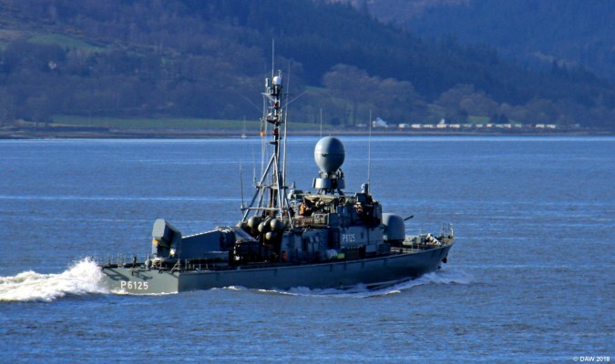 S74 Zobel, fast attack craft of the Federal German Navy
Seen here near Gourock on the Clyde during the Joint Warrier exercise of April 2015.  The ship displaces only around 400 tons and has a crew of less than 40 but is a very capable warship, especially when compared to something like the Royal Navy's River Class patrol vessels.  Zobel was decommission in 2016 and will be replaced in the 2020's.
