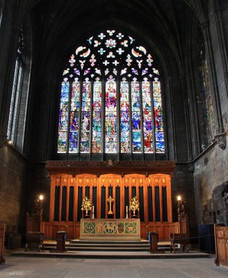 The great East Window, Paisley Abbey
Probably the most spectacular of Paisley Abbey's stained glass windows depicting the ascended Christ by the stained glass artist, Dr. Strachan.  None of the original medieval windows at Paisley survive, this window was recreated during the restoration in the late 19th and early 20th century when the ruined eastern end of the Abbey was reconstructed.
