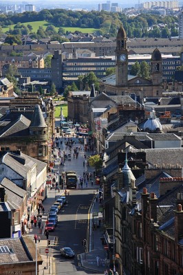 Paisley High Street from above
Looking down the High Street from the top of the Coats Memorial Church Spire.  The town hall is on the right in the distance.  In the top right hand corner are the Mosspark Heights, one of Glasgow's first residential tower blocks.
