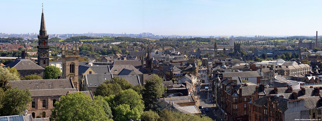 Looking East over Paisley
The view from the top of the spire of Coats Memorial Church.  The tallest spire on the left is the High Church, to the right of centre is the High Street.  At the foot of the High street you can see the tower of the Town Hall and also Paisley Abbey, on the extreme right hand side is the Chimney of the former Mile End Mill.  [url=http://www.streetmap.co.uk/map.srf?X=247791&Y=663967&A=Y&Z=115/] Map location. [/url]
