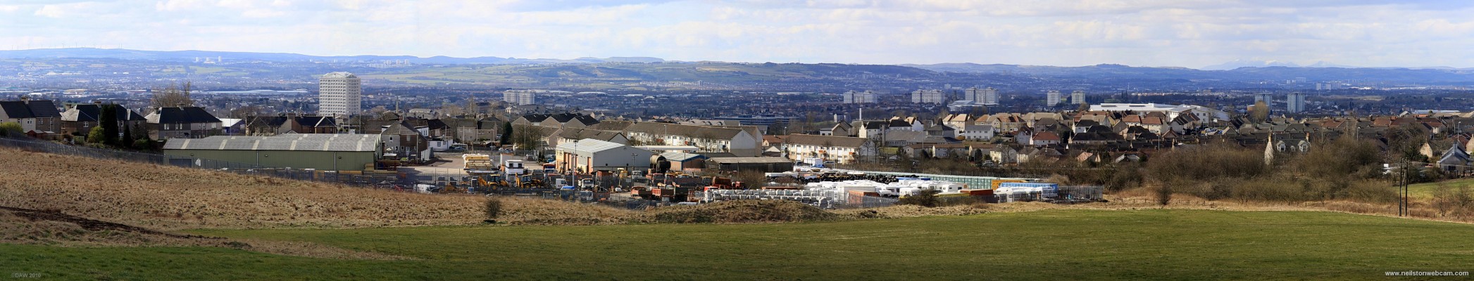 South West Panorama from near Glen Mavis
In the foreground is Coatbridge and probably some of Airdrie.  On the horizon on the left hand side you can the whitelees Wind Farm and on the right hand side the snow covered mountains of the Isle of Arran in the Firth of Clyde some 80km away.  [url=http://www.streetmap.co.uk/map.srf?X=274182&Y=666745&A=Y&Z=120/] Map location. [/url]
