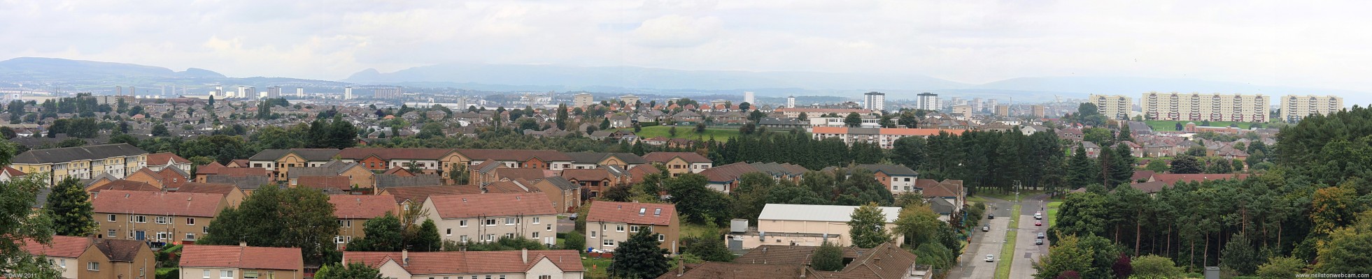 Panoramic view from Crookston Castle
A view looking North from the roof of Crookston Castle.  If you know where to look you can almost follow the line of the Clyde by spotting the cranes.  On the extreme left is the X-scape at Braehead and on the extreme right the Moss Height flats, one of Glasgows first high rise developments dating from 1953.  [url=http://www.streetmap.co.uk/map.srf?X=252550&Y=662722&A=Y&Z=115/] Map location. [/url]
