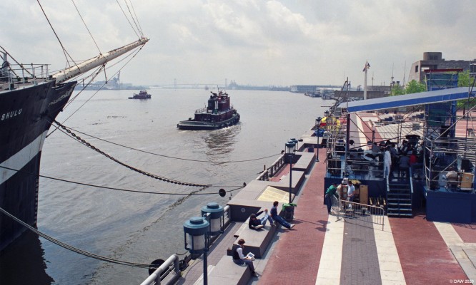 Penns Landing, Philadelphia, 1989
The waterfront area oo the Delware in Philadelphia, named after William Penn, the founder of Pennsylvania in 1682.  The actual landing site is further down the river.  In the distance the Walt Whitman bridge can be seen.
