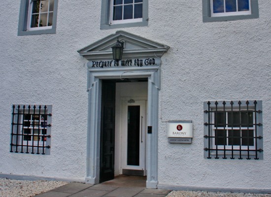 Prepare to meet thy God
This is the cheery motto above the entrance to the [url=https://www.baronycastle.com/]Barony Castle Hotel [/url] near Peeble.  You can check out, but you can never leave.
