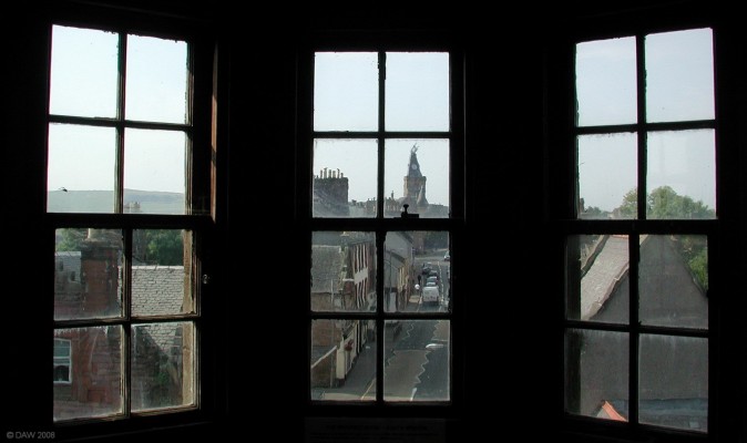 The Prospect Room, Maybole Castle
Looking out of the oriel window in the Prospect room at Maybole Castle.  The view is looking up the High Street, the tower at the top is that of the Town Hall, built in 1887. 
