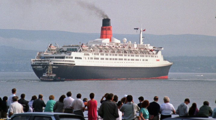QE2, Greenock, July 1990
The QE2 arriving at Greenock Ocean Terminal.  The ship was turned by two tug boats in front of the Esplanade giving everyone a great view of her on her first visit back to the Clyde since departing in 1968.

