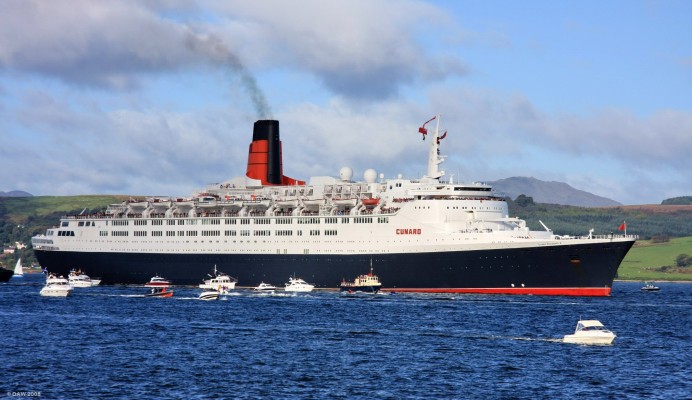 The Queen Elizabeth II arriving at Greenock on the Clyde, 5th October 2008
The QE2 makes its last visit to its birth place, the river Clyde, before retiring from service after 41 years service.  It was the last ocean liner built at John Browns yard in Clydebank and the likes of it are never likely to be seen again on the stocks of the remaining Clyde yards.
