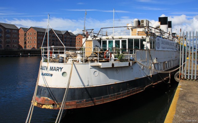 TS Queen Mary, Garvel dock, 2016
TS Queen Mary looking a little worse of the wear not long after her return to the Clyde in 2016.  Several inappropriate modifications were made to her during her time moored on the River Thames such as the glass doors that can be seen here.
