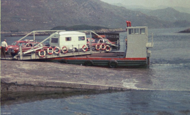 The Queen of Kylesku ferry, 1975
This ferry ran on the short crossing at Kylesku from 1967 until 1976.  In 1984 the Kylesku Bridge was open replacing the ferries. [url=http://streetmap.co.uk/map.srf?X=222961&Y=934107&A=Y&Z=115/] Map location. [/url]
