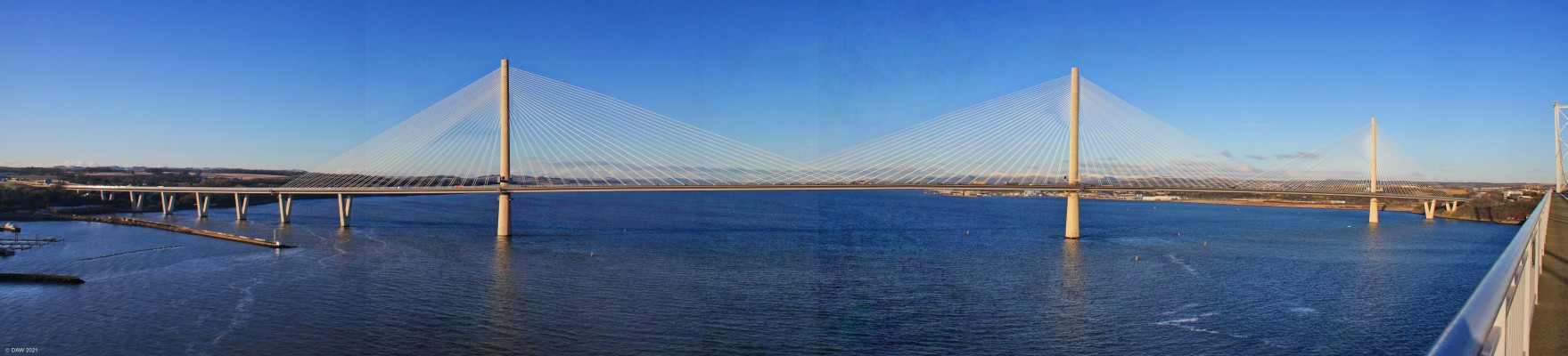 Queensferry Crossing panorama, 2017
Taken from the old Forth Road Bridge in December 2017 shortly after the new bridge opened.  There is no pedestrian access to the new bridge, cyclists, pedestrians and buses still have use of the old bridge which will remain open for the foreseeable future.  The new bridge was completed on time and under budget, surely some mistake?
