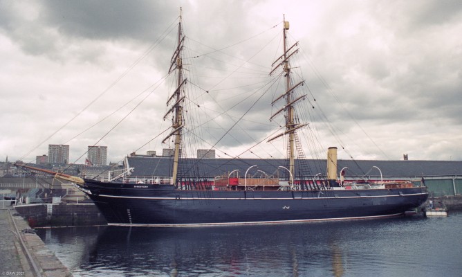 Royal Research Ship Discovery, Dundee, 1990
Launched in 1901 from the Dundee Shipbuilders Company.  This was the ship that took Robert Scott and Ernest Shackleton on their highly succesful mission to the Antartic in the same year.  After her career ended she was moored on the Thames as a museum but in 1986 she left London to return to where she was built.   She remained here in Victoria Dock until a custom built dock was completed in 1992.
