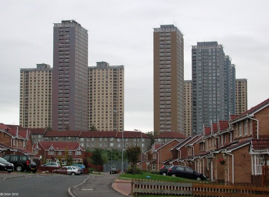 Red Road, Glasgow
If you don't like being over looked this probably isn't the place to buy a house.  The plan for the Red Road flats in Springburn is now that they will all be demolished over the coming years and probably replaced by the kind of housing in this street rather than high densisty.  This photo was taken in 2007 after one of the 8 blocks had already been demolished.
