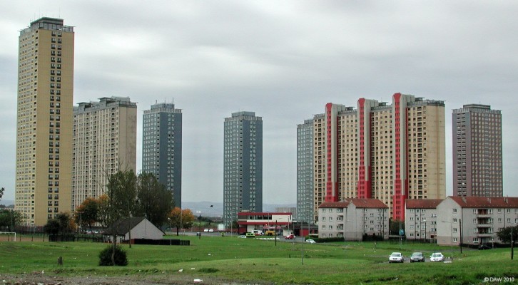 Red Road flats, Springburn
Built between 1964 and 1969 to solve Glasgows housing problems, they consisted of 5 'point' towers and 2 'slab' blocks.  The points were 30 floors and the slabs 25, in total they were designed to house 4,700 people.  At the time of construction they were the highest blocks in Europe, they were also unusual in that they were the only steel framed residential towers in Glasgow.  The last one was demolished in 2015. [url=http://www.streetmap.co.uk/map.srf?X=261869&Y=667439&A=Y&Z=115/] Map location. [/url]
