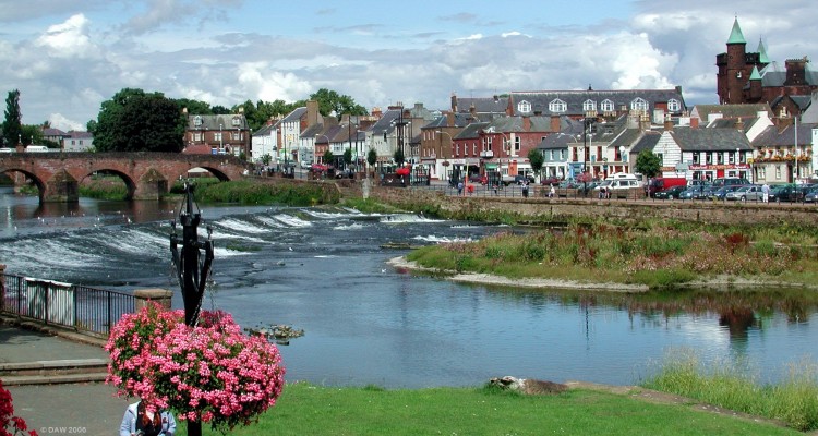 River Nith, Dumfries
The river Nith divides the town of Dumfries as it passes though, in past years this spot has had series floods with the water level passing over where the cars are parked on the opposite bank.  [url=http://www.multimap.com/map/browse.cgi?lat=55.0669&lon=-3.6148&scale=25000&icon=x/]Map location[/url]
