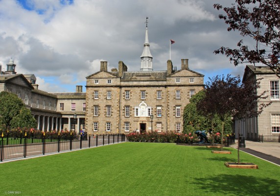 Robert Gordon's College, Aberdeen.
The "Auld Hoose" of the private Robert Gordon's School in Aberdeen.  The School was founded in 1750 but the building was completed in 1732 and lay empty until 1745 before the interior was completed. During the Jacobite uprising in 1746 the buildings were commandeered by Hanovarian troops and named Fort Cumberland.  The east and west wings were added later in 1833.
