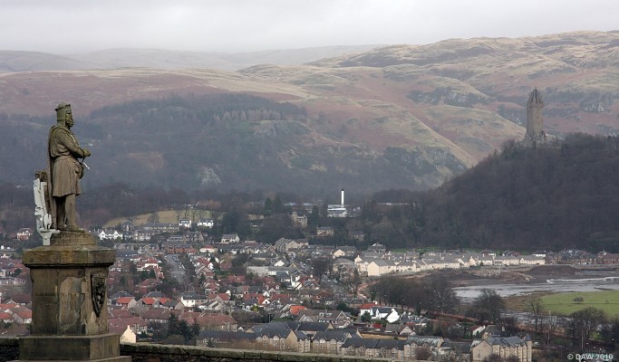 Robert The Bruce statue, Stirling Castle
Looking out from Stirling Castle towards Bridge of Allan.  The Wallace Monument can be seen on the hill on the right, the white chimmney is at Stirling University.  The River Forth winds its way through the valley.  [url=http://www.streetmap.co.uk/map.srf?X=278977&Y=694120&A=Y&Z=120/] Map location. [/url]
