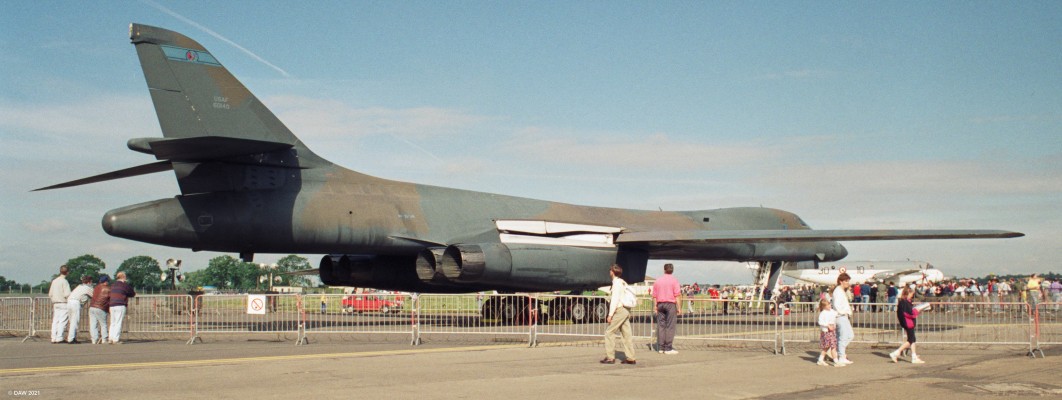Rockwell B-1B Lancer, Fairford, 1993
This view shows the gap to allow the wing to sweep back for supersonic flight.  The B-1B is capable of a top speed of Mach 1.25.
