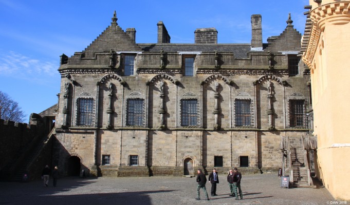 The Royal Palace, Stirling Castle
 view of the Royal Palace at Stirling Castle.  Built by James V between 1530 and the early 1540's, James died in 1542 so may never have seen it completed.  The group of gentlemen in tartan troosers you see here are the Historic Scotland guides.
