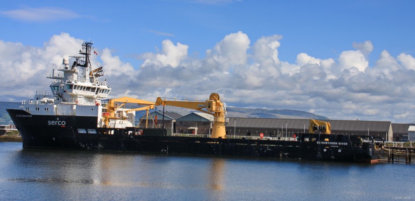 SD Northern River, Greenock
Serco Marine Services largest ship seen here moored at Greenock Harbour.  She is a multi purpose Auxiliary ship operated for the Royal Navy.  She has a civilian crew of 14 but can embark military personnel in an emergency.  Some of her duties include target towing during naval exercises, escorting submarines and she is also capable of embarking the NATO Submarine Rescue system.
