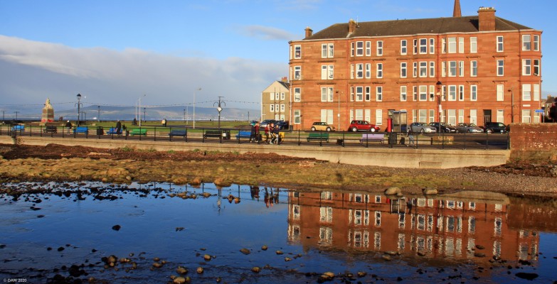 Sandringham flats reflected in the Gogo burn, Largs
