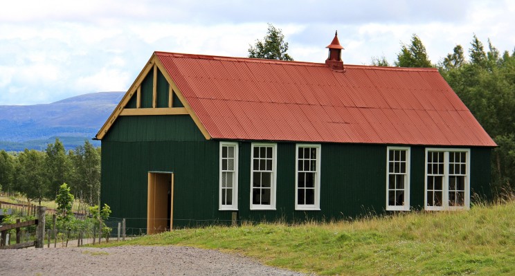 The School House, Highland Folk Museum
This single teacher timber and corrugated iron school was erected in 1925 at Kirkhill Parish near Inverness next to the existing stone school.  It was built to accomodate 'social overspill' children from the Glasgow area.  
